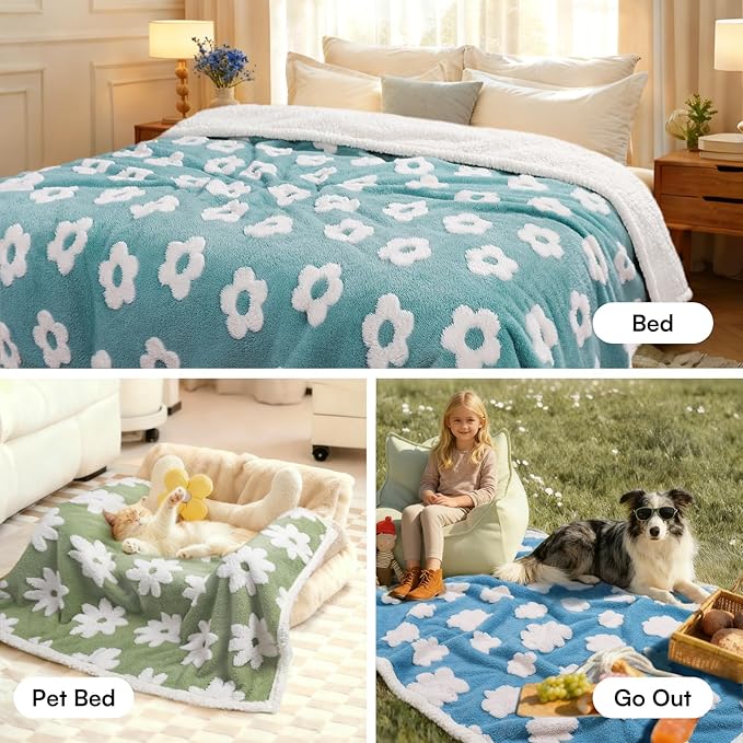Luciphia Waterproof Pet Blanket for Medium Large Dogs Washable Fluffy Thick Jacquard Shag Fleece Warm Sherpa 3D Textured Flower Print for Cats Puppy Couch Protection (Blue,40x28 inches)