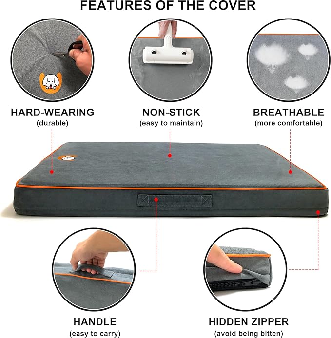 Hard-Wearing Orthopedic Dog Bed for Crate, 53x36 Inch, Made of Memory and HR Foam, Two-Sided Use, Providing Soft and Relatively Hard Support, with an Extra Inner Waterproof Protector (Gray)