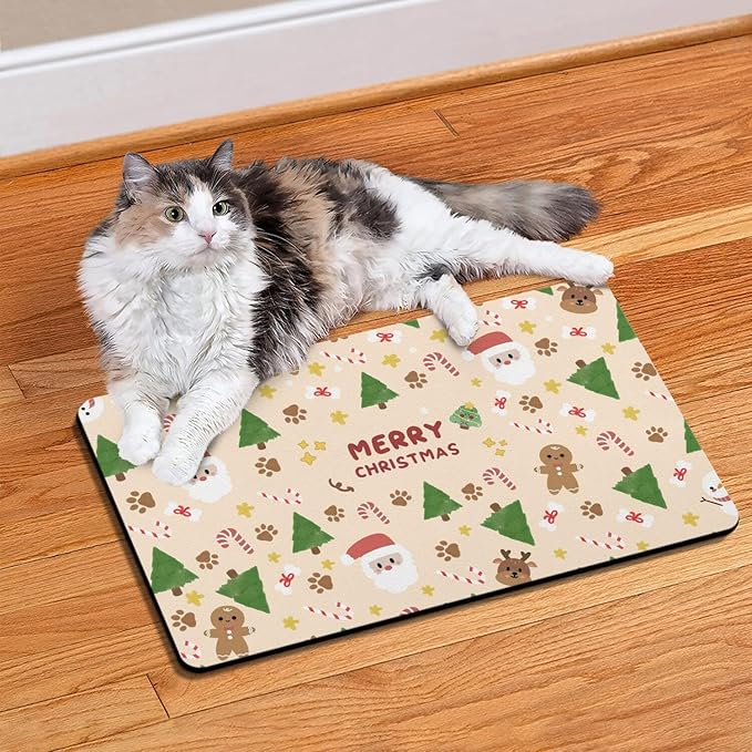 Christmas Dog Food & Water Mat, Paw Prints Santa Claus Snowman Xmas Pet Feeding Mat for Floor Non-Slip Waterproof, Super Absorbent Cat Bowl Mat, Easy to Clean Pet Placemat,24" × 32"