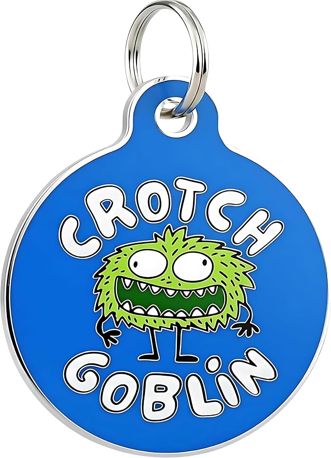 Bad Tags Personalized Dog and Cat ID Tags in 25+ Designs and 2 Sizes - 5 Lines of Custom Engraved Text - Funny Cute Personalized Pet Tags (Crotch Goblin, Large (1.25 inch))