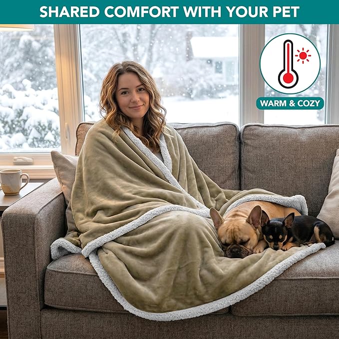 PetAmi Waterproof Dog Blanket for Queen Bed Large XL Dog Throw for Couch Cover Leakproof Furniture Protection, Sherpa Fleece, Reversible Soft Washable 90x90 Taupe