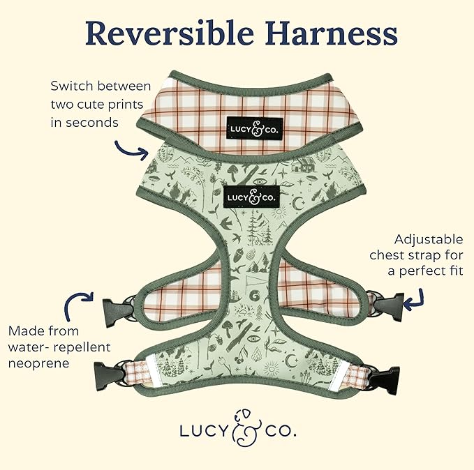 Lucy & Co. Cute Reversible Dog Harness Walking Halter - Best Designer Pet Harnesses for XS - XL Dogs - Padded Adjustable Vest for Easy Walking-Medium-Green Outdoor Plaid