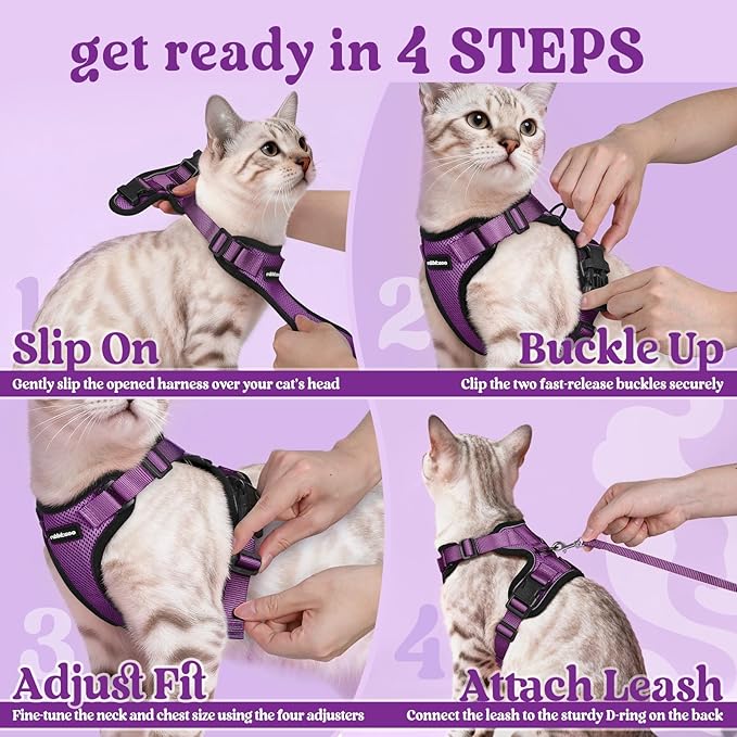 rabbitgoo Cat Harness and Leash for Walking, Escape Proof Soft Adjustable Vest Harnesses for Cats, Easy Control Breathable Reflective Strips Jacket, Purple, XS
