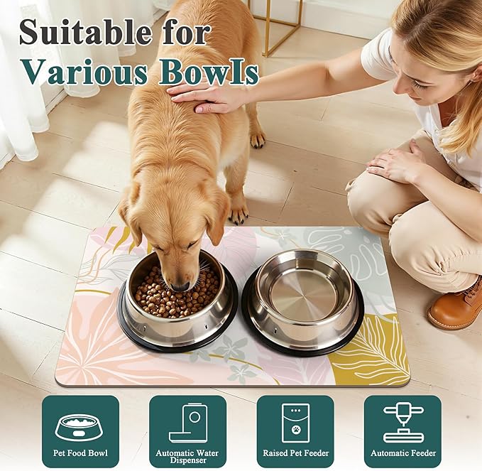 Topotdor Boho Dog Food Mat - Absorbent Quick-Dry Cat Bowl Mat for Food and Water, Non-Slip Pet Feeding Placemat for Messy Drinkers Dog Accessories Pet Supplies, 16"x24", Pink