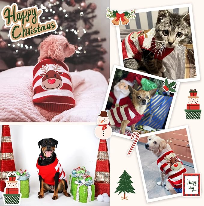 Dog Christmas Sweater Cute Striped Reindeer Xmas Pet Clothes Holiday Puppy Cat Costume New Year Gifts for Small Medium Large Dogs Jumpers (S, Red White Stripe Reindeer)