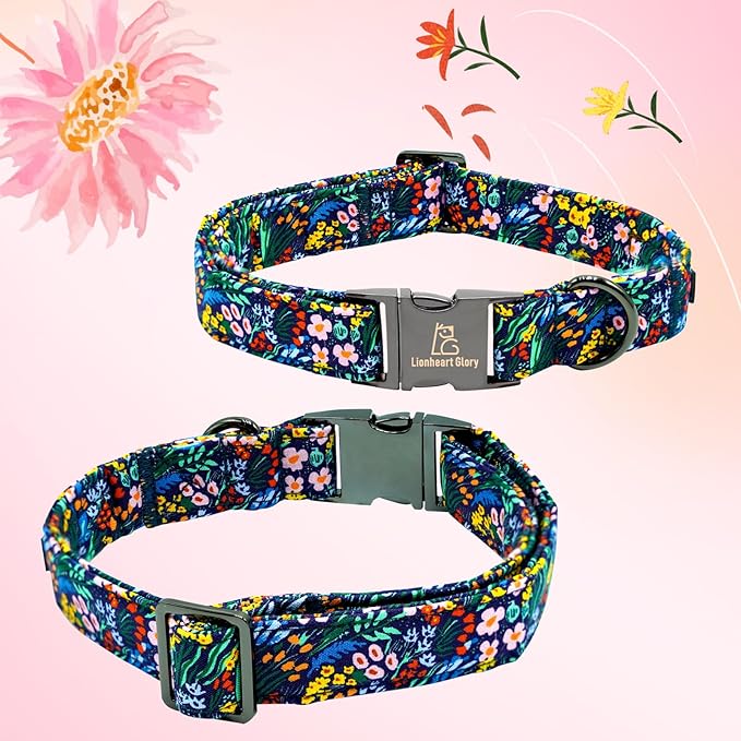 Lionheart glory Dog Collar Darkblue Flower Dog Bow Collars Floral Dog Collar with Flower Male or Female Spring Fall Pet Gift Durable Adjustable Dog Collar for Medium Dogs, B:Garden