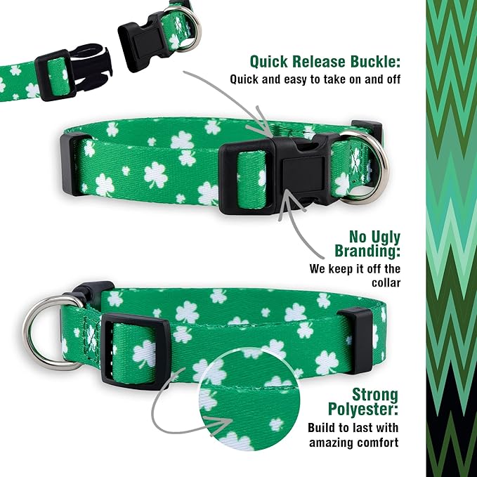 Native Pup St Patricks Dog Collar- Saint Patrick Green Shamrock Pet Collars- St. Patrick’s Lucky Irish- Cute Boy Girl Puppy Gift- Adjustable for Small, Medium, Large Breeds (Lucky Shamrock, Large)