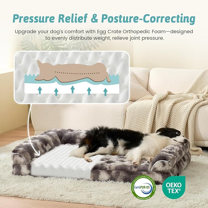 Faux Fur Orthopedic Dog Bed, Extra Large Dog Bed, Supportive Foam Pet Sofa with Waterproof Lining Cover, Washable U-Shaped Pet Couch with Anti-Slip Bottom Design, Tie-dye Grey XXL 48x32x8 inch