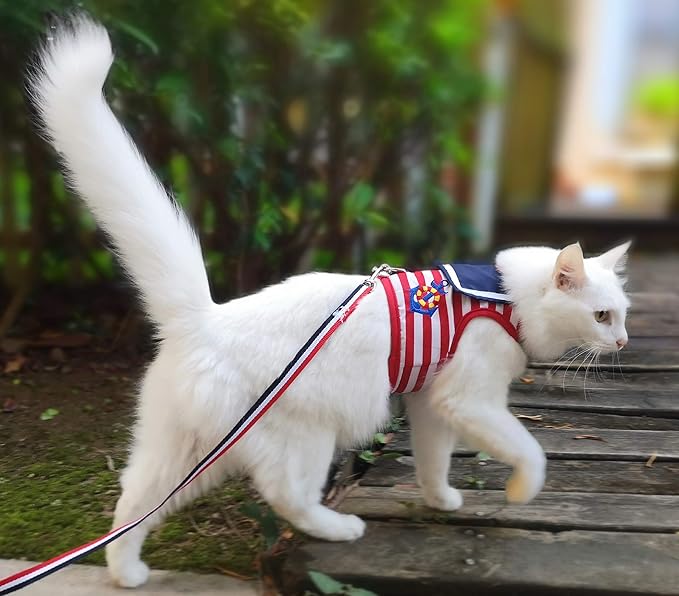 Cat Harness and Leash for Walking Escape Proof, Adjustable Cat Vest Harness, Padded Stylish Cat Walking Jackets, Sailor Suit Red, Large