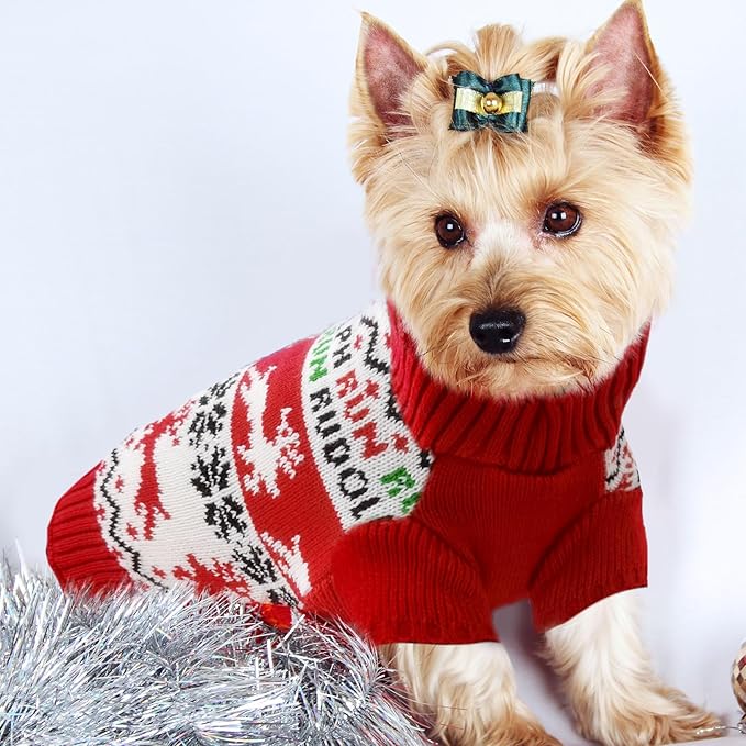 Dog Christmas Sweater Xmas Pet Clothes Cute Reindeer Christmas Dog Costume Outfits Holiday Knitwear Puppy Cat Jumpers New Year Gifts for Small Medium Large Dogs(Red Runing Deer,S)