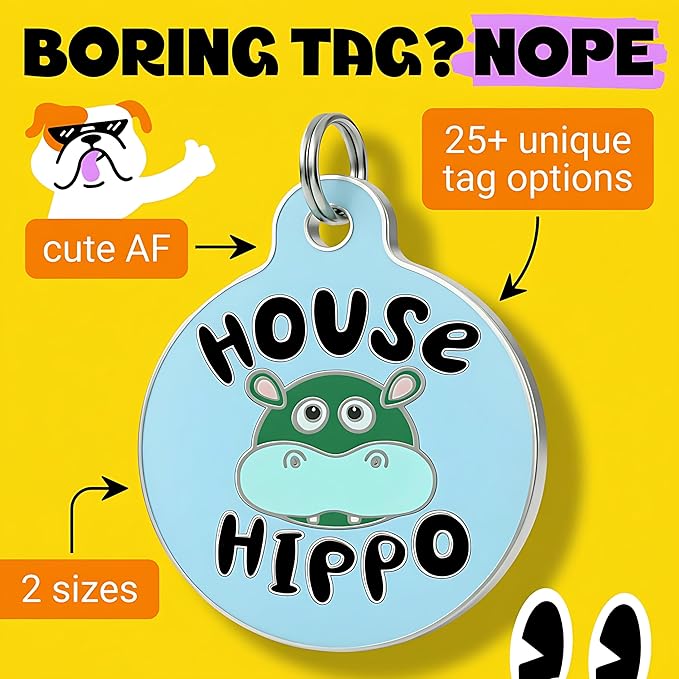 Bad Tags Personalized Dog and Cat ID Tags in 25+ Designs and 2 Sizes - 5 Lines of Custom Engraved Text - Funny Cute Personalized Pet Tags (House Hippo - Blue, Small (1 inch))