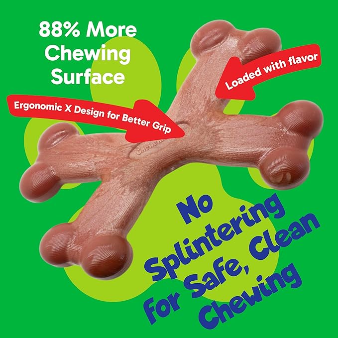 Chew’EMS X Bone Dog Chew Toy for Aggressive Chewers – Long-Lasting Chicken Flavor Nylon Bone – Durable, Rawhide-Free Dental Toy - Small Size – Made in USA