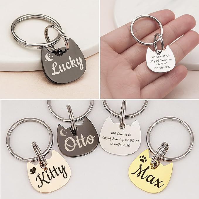 Anavia Small Size Dog Cat ID Tags, Small/XS Personalized Color Plated Stainless Steel Puppy Kitten Name Tags, Customized Engraved Nameplate Pet Collar Tag (Purple, Cat Head)