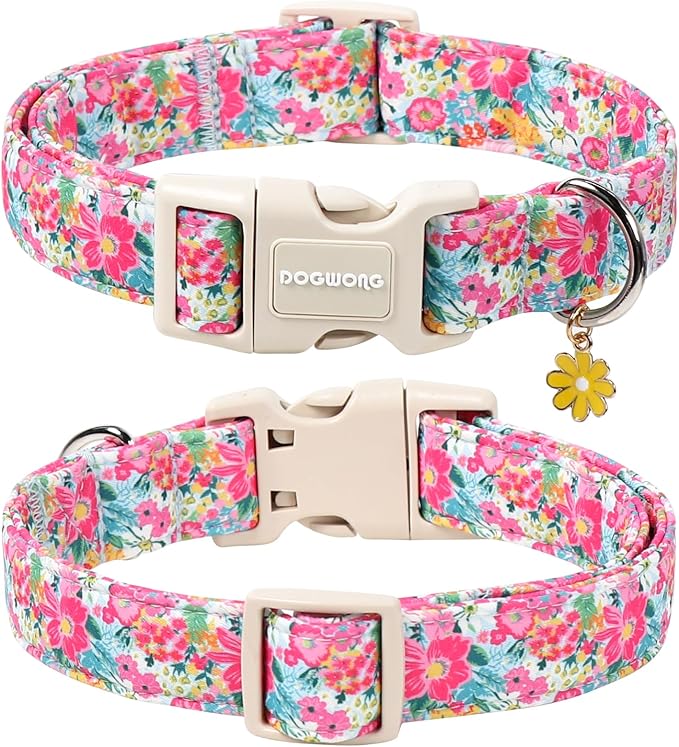 DOGWONG Spring Flower Dog Collar-Cute Floral Daisy Dog Collar, Adjustable Soft Girl Female Dog Collar for Small Medium Large Dogs, XL