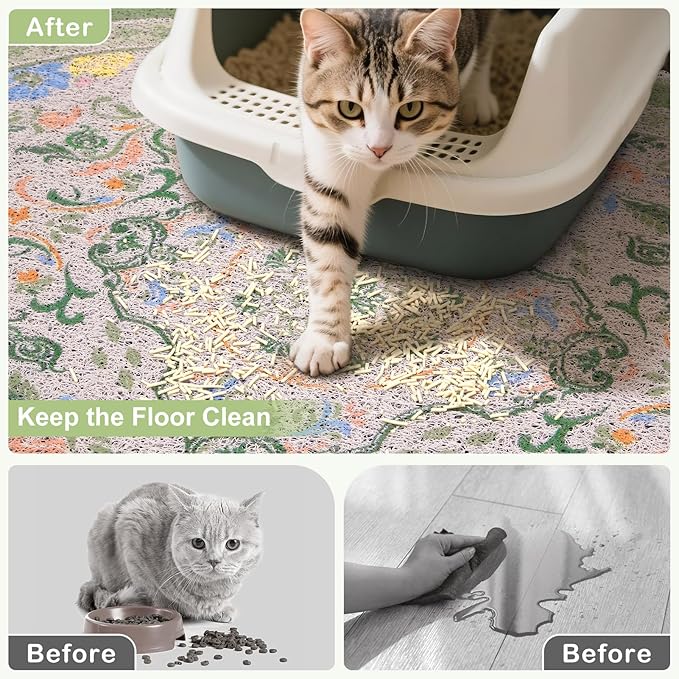 Bienbee Cat Litter Mat, 33" x 22" Large Size Litter Box Mat Rug with Non-Slip Bottom,Urine and Water Proof, Easy to Clean Cat Supplies Essentials for Indoor Kitty Kitten Floor,Bean-Green L