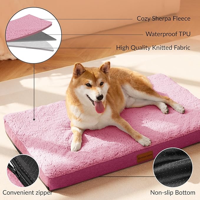 Patas Lague Orthopedic Jumbo Dog Bed for Large Sized Dog 56''X40'', Soft Waterproof Egg Crate Foam Large Pet Crate Beds Mat with Removable Washable Cover and Non-Slip Bottom, Hot Pink
