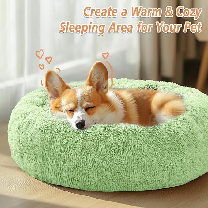 JOLLYVOGUE Calming Dog Bed Large Size Dog, Anti-Anxiety Donut Large Pet Bed, 36 inches Fluffy Faux Fur Round Cat Bed, Fits up to 75 lbs Pets (Light Green)