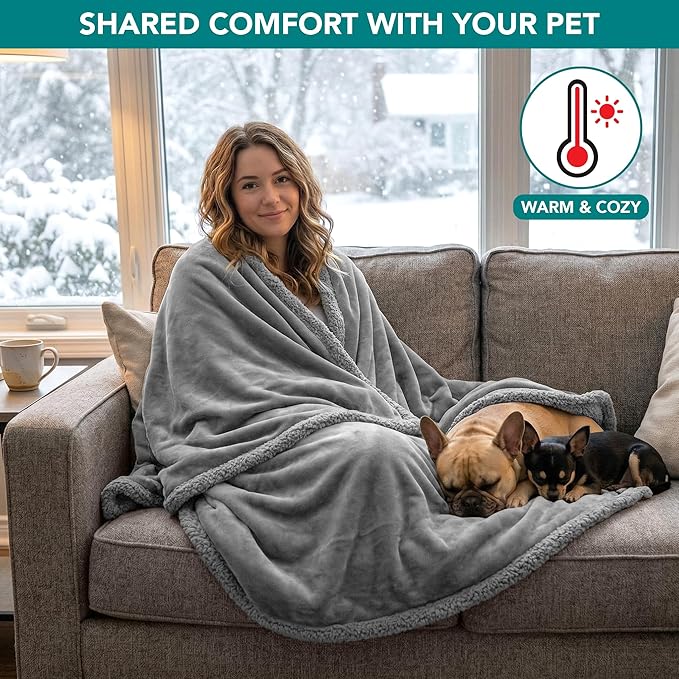 PetAmi Waterproof Dog Blanket for Medium Large Dog Puppy Cat Throw for Couch Cover Leakproof Protection, Sherpa Fleece, Reversible Soft Washable 60x40 Light Gray
