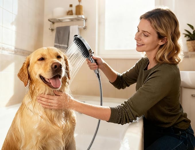 G-Promise 3 Mode Dog Shower Attachment with Pause Mode, Dog shower Sprayer with 118 Inches Stainless Steel Hose, Metal Diverter, Adhesive Holder, for Fast and Easy Dog Bathing and Cleaning(Chrome)