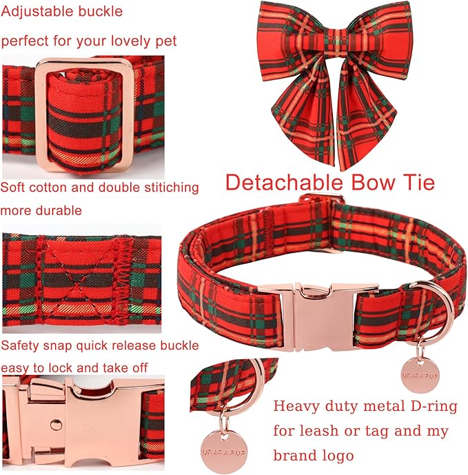 Christmas Dog Collar with Bow Tie, Cotton Christmas Plaid Collar for Medium Girl Boy Dog,Red &Green Plaid Dog Collar Bowtie with Durable Metal Buckle,Adorable Pet Collar,L,Neck 16-24in