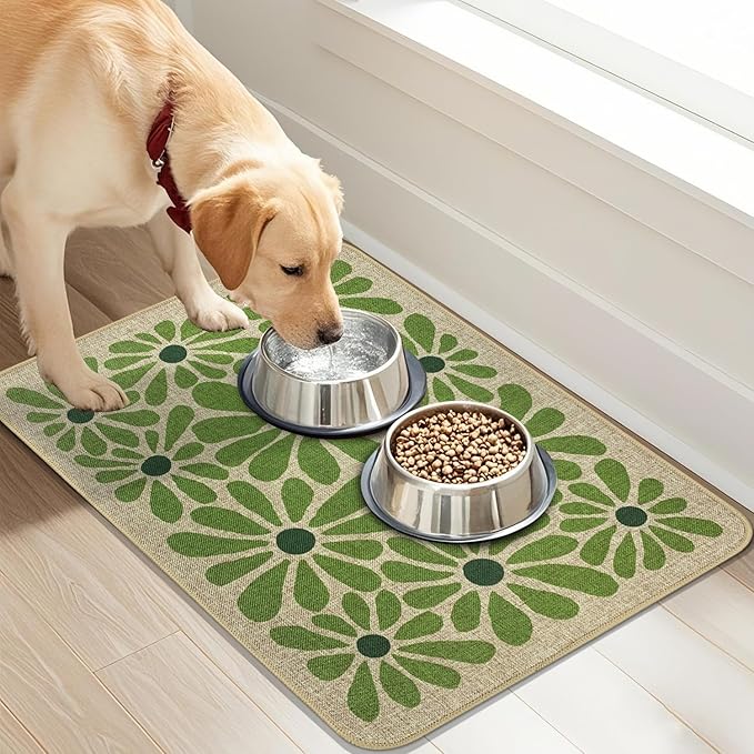SHIYUE Dog Food Mats for Floors, Absorbent Cat Bowl for Food and Water, Non-Slip Accessories Pet Supplies(16"x24",Green Flower)
