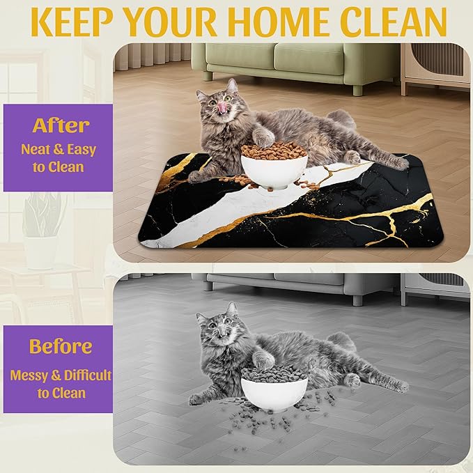 Black Gold Marble Dog and Cat Food Mat, Absorbent Feeding Placemat, Waterproof Non-Skid Rubber Backing, No Stains Pet Supplies – 12x20 Inch