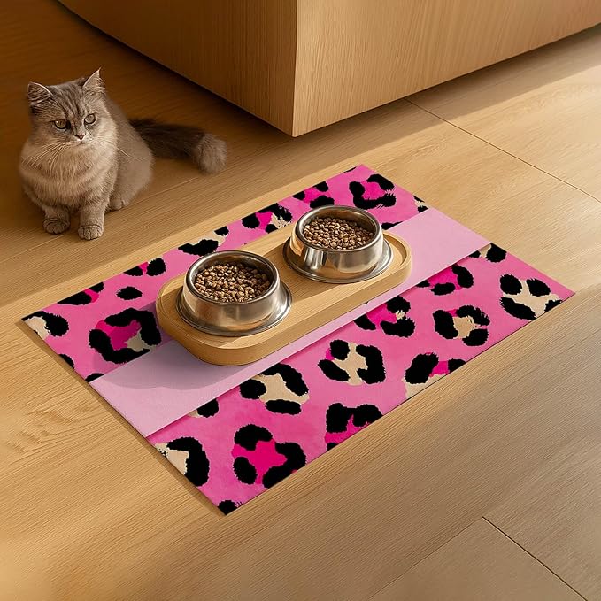Puppy Feeding Mat 24x16 inch Hot Pink Leopard Print Pet Bowl Placemat Non Slip Floor Mat for Food and Water Indoor Dog Feeding Station Cute Meal Pad for Small Pets Kitchen Use