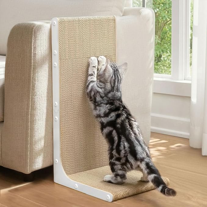 Cardboard Cat Scratcher,23 Inch L Shape Scratch Pad Wall Mounted,Vertical Scratching Board, Durable Cardboard to Protect Furniture for Indoor Cats,White Large