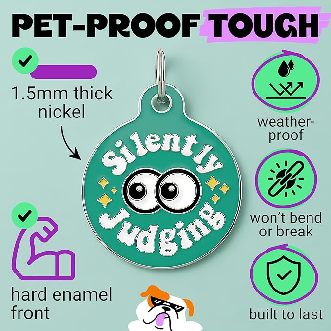 Bad Tags Personalized Dog and Cat ID Tags in 25+ Designs and 2 Sizes - 5 Lines of Custom Engraved Text - Funny Cute Personalized Pet Tags (Silently Judging - Green, Small (1 inch))