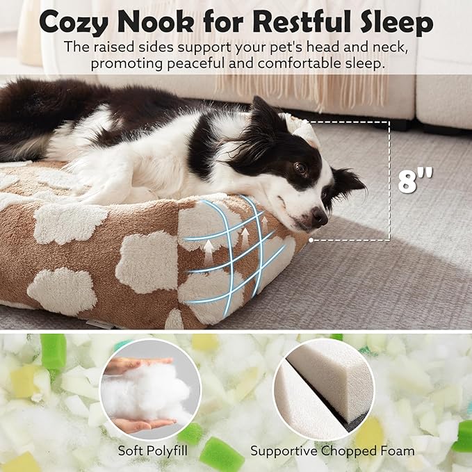 JOEJOY Large Dog Beds Large Sized Dog, Rectangle Washable Orthopedic Pet Bed with Removable Zipper Cover, Cute Soft Calming Puppy Pet Bed with Jacquard Shaggy Plush & Non Skid Bottom