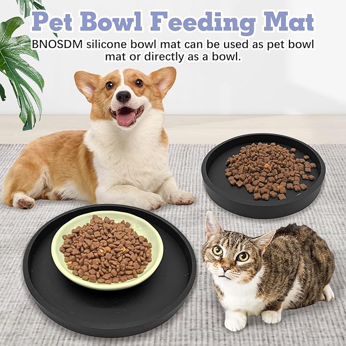 BNOSDM 2 Pack Cat Feeding Mat Pet Silicone Food Mat Black Dog Feeding Mats for Food and Water Nonslip Waterproof Feed Mats Round Eating Plate for Small Cats and Dogs (7.1in)