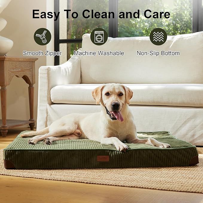 FUKUMARU Dog Bed, Thickened Corduroy Orthopedic Dog Beds with Washable Cover, Large Waterproof Dogs Bed for Crate, 28D Egg Crate Foam Support Pet Mat, Cozy Pet Bed Pad with Anti-Slip Bottom, Green