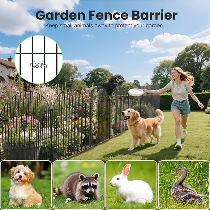 10Pcs No Dig Garden Fence, 40in(H)/24ft(L) Rustproof Metal Dog Fence Outdoor for Yard, Tall Animal Barrier Pet Fencing, Border Panel for Dog, Rabbits, Patio, Flower Bed, Garden Decor