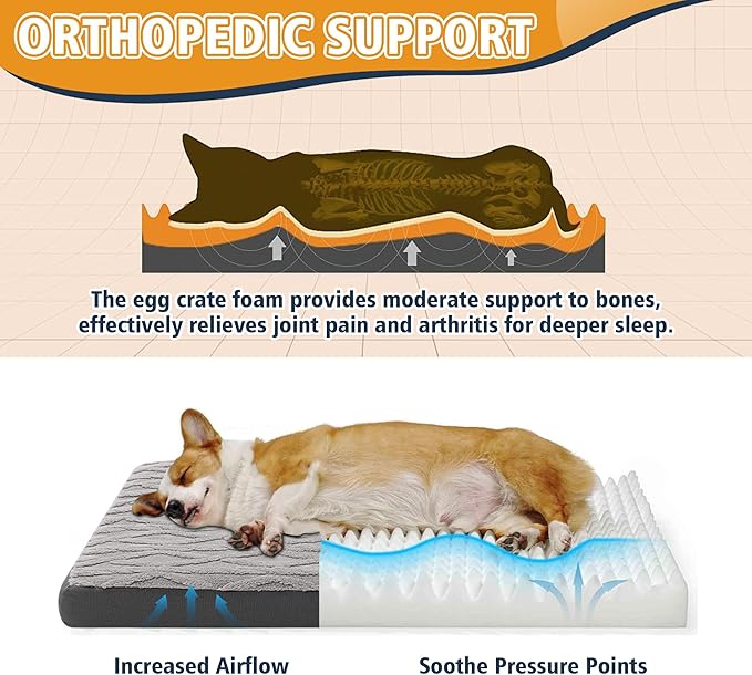 XL Orthopedic Dog Bed - Waterproof Plush Pet Mattress with Removable Washable Cover and Non-Slip Bottom, Memory Foam Dog Bed for Crate, 41"x27" Grey