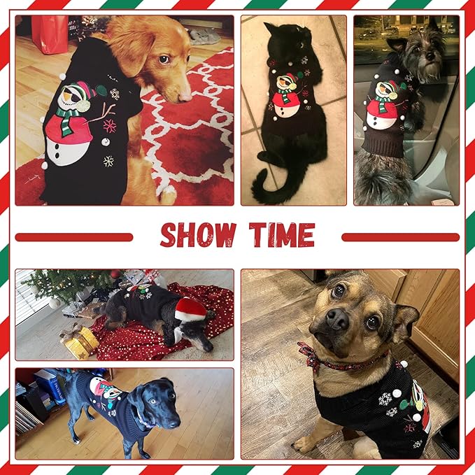 Christmas Dog Sweaters Xmas Pet Outfit Clothes Cute Black Snowman Costume Puppy Cat Knitted Jumpers (XXS,Black Snowman)