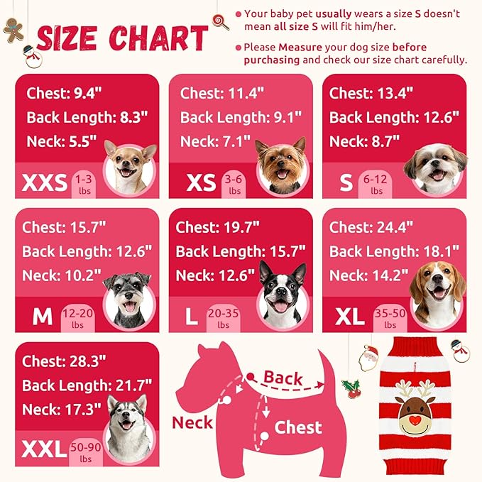 Dog Christmas Sweater Cute Striped Reindeer Xmas Pet Clothes Holiday Puppy Cat Costume New Year Gifts for Small Medium Large Dogs Jumpers (M, Red White Stripe Reindeer)