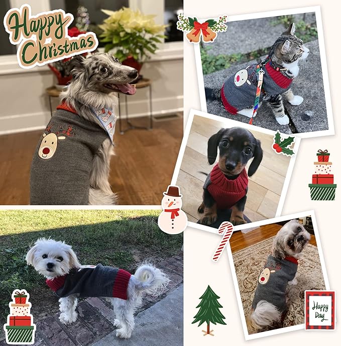Dog Christmas Sweater Xmas Pet Clothes Cute Gray Reindeer Holiday Puppy Cat Costume New Year Gifts for Small Medium Large Dogs Jumpers (XL, Gray Reindeer)
