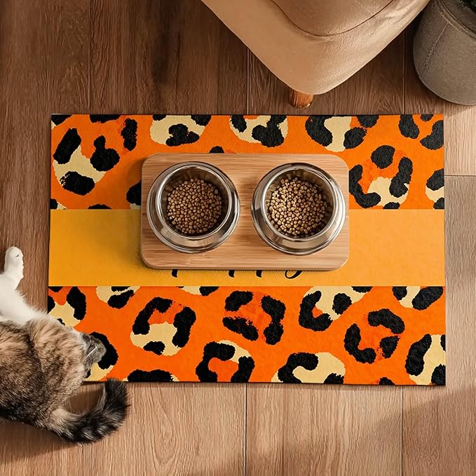Puppy Feeding Mat 24x16 inch Orange Leopard Print Pet Bowl Placemat Non Slip Floor Mat for Food and Water Indoor Dog Feeding Station Cute Meal Pad for Small Pets Kitchen Use