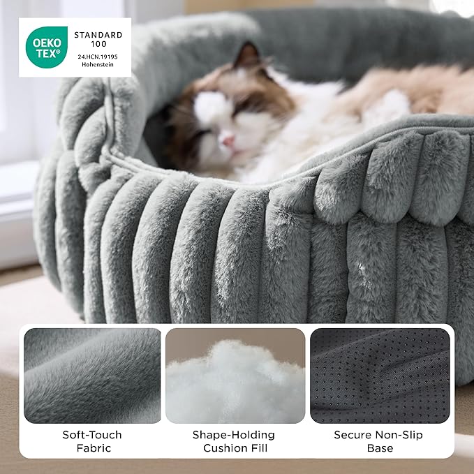 Bedsure ComfyFleece™ Cat Bed, Washable Round Cute Cat Beds for Indoor Cats, Super Soft Corduroy Pet Bed for Puppy and Kitten with Anti-Slip Bottom, 23''x23''x8.5'', Warm Gray