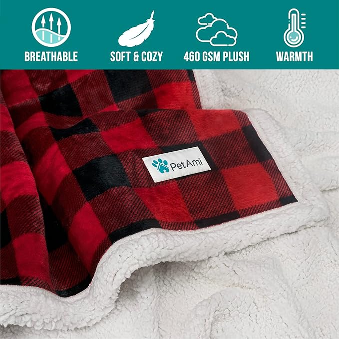 PetAmi Dog Blanket for Bed, XL Pet Blanket Large Dogs, Fleece Furniture Couch Cover Protector Sofa Car Crate Kennel, Soft Sherpa Cat Throw Plush Reversible Washable, Twin 60x80 Checker Red