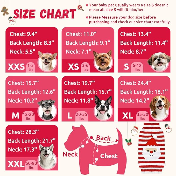 Dog Christmas Sweater Xmas Pet Clothes Cute Striped Santa Claus Costume Holiday Puppy Cat Jumpers Outfits New Year Gifts for Small Medium Large Dogs (XXS, Red White Stripe Santa Claus)