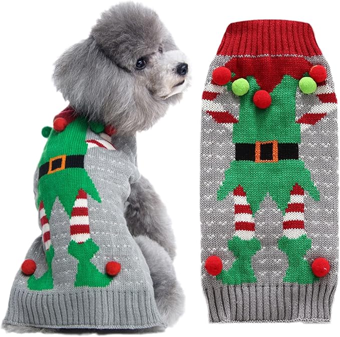 Dog Cat Ugly Christmas Sweater Boy Girl Xmas Pet Clothes Holiday Puppy Costume New Year Gifts for Small Medium Large Dogs Outfits (S, Grey Elf)