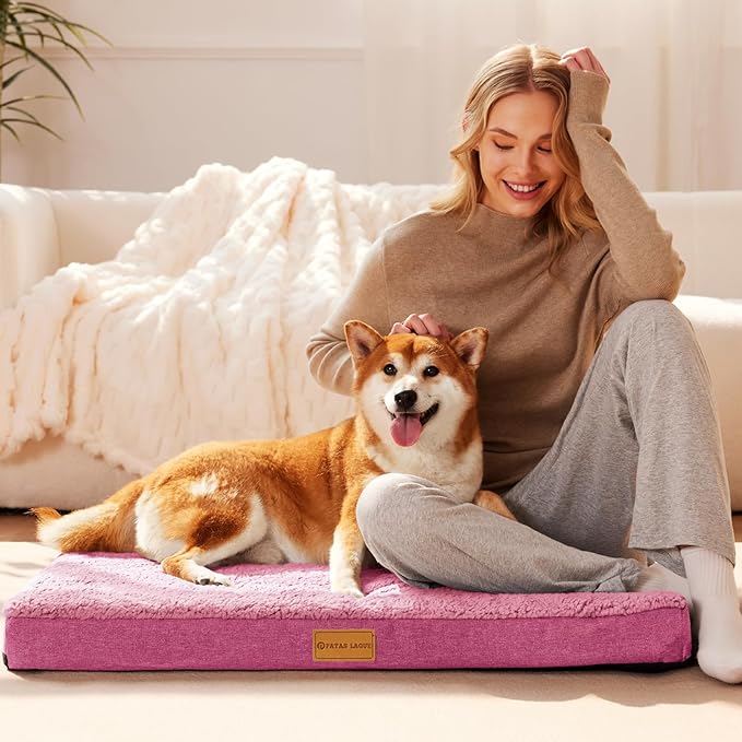 Patas Lague Orthopedic XL Dog Bed Large Sized Dog 48''X30'', Soft Waterproof Egg Crate Foam Large Pet Crate Beds Mat with Removable Washable Cover and Non-Slip Bottom, Hot Pink