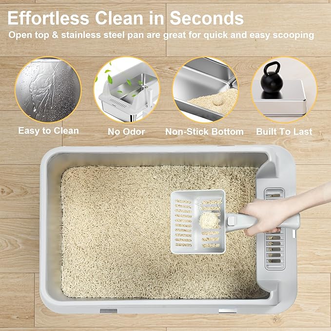 TENTIZON 2 Pack Large Stainless Steel Cat Litter Boxes, Open Top Metal Kitty Litter Tray with High Sides, Litter Mat, Scoop for Indoor Cats, Kitten,Big Cats, No Odor, No Mess, Leak Proof, Easy Clean
