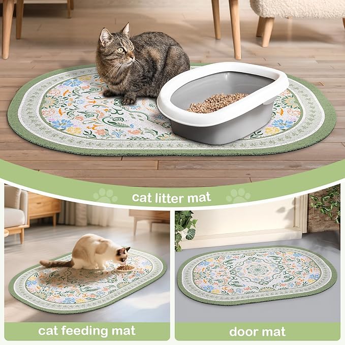 Bienbee Cat Litter Mat, 24" x 15" Litter Box Mat Rug with Non-Slip Bottom,Urine and Water Proof, Easy to Clean Cat Supplies Essentials for Indoor Kitty Kitten Floor, Bean-Green M