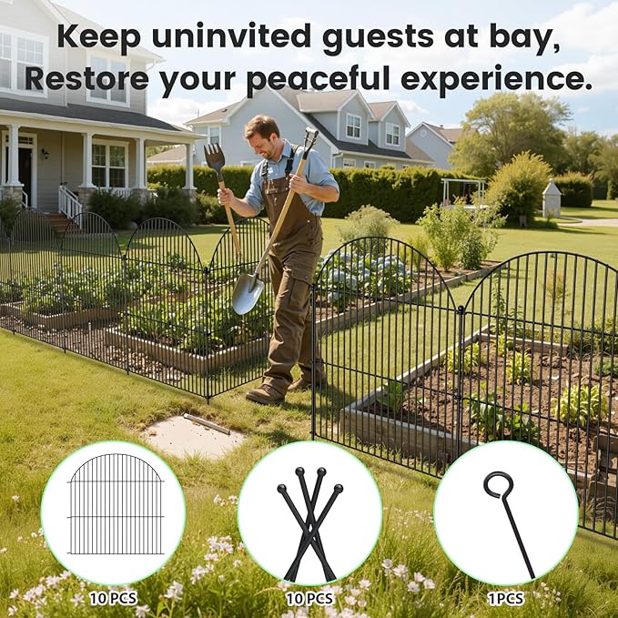 10Pcs No Dig Garden Fence, 32in(H)/24ft(L) Rustproof Metal Dog Fence Outdoor for Yard, Tall Animal Barrier Pet Fencing, Border Panel for Dog, Rabbits, Patio, Flower Bed, Garden Decor