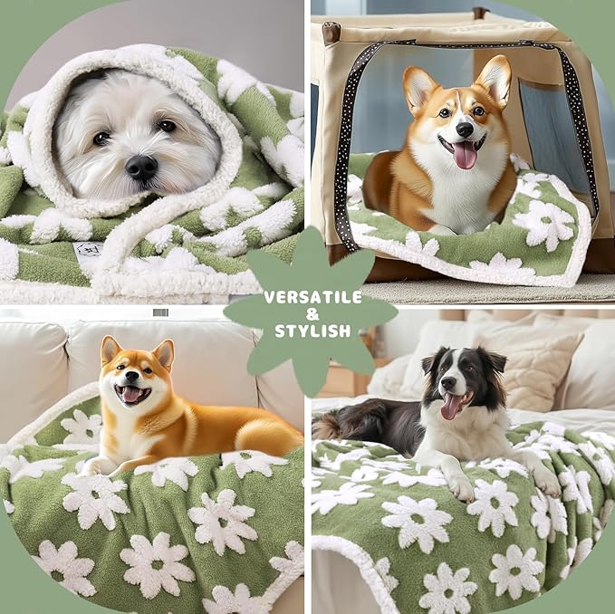 Luciphia Waterproof Pet Blanket for Medium Large Dogs Washable Fluffy Thick Jacquard Shag Fleece Warm Sherpa 3D Textured Flower Print for Cats Puppy Couch Protection (Green,85x57 inches)