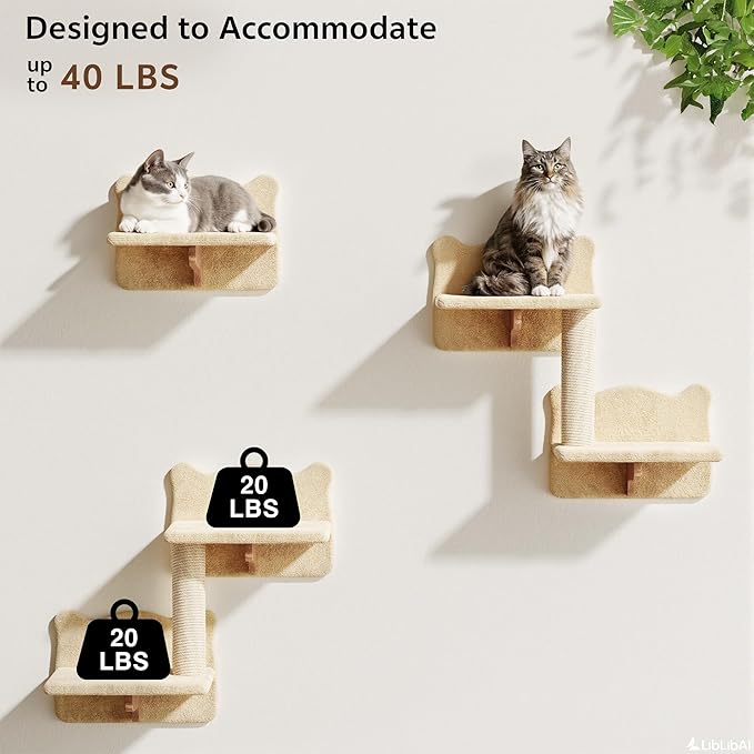 16-in-1 Cat Wall Shelves, Wall Mounted Cats Furniture Set w/Plush Fabric, Cat Climbing Wall Systems, Cats Shelf with 40''L Tunnel, Condos, House, Steps, Bridge Ladder & Scratching Post, Beige