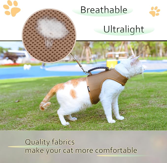 Cat Harness and Leash for Walking Escape Proof Breathable Mesh Fabric, Solid Brown, XX-Large, Adjustable Cat Walking Jackets with Handle, Padded Stylish Cat Vest