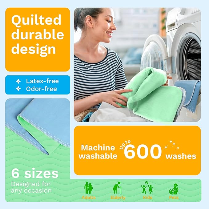 GREEN LIFESTYLE® Washable Underpads - Heavy Absorbency Reusable Bedwetting Incontinence Pads for Kids, Adults, Elderly, and Pets - Toddler Mattress Pads for Bed, Sofa, Floor (Pack of 4 - 34x36)